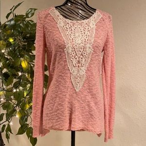 Pink Sweater with Cream Crochet Detail